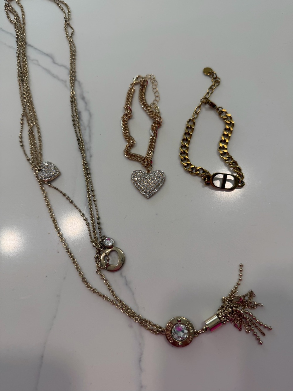 Gold-Tone Heart Pendant Necklace and Bracelets Set - Heart & Crystal Accents